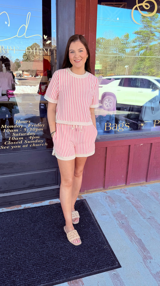 "Posie" Pink Stripe Set w/ Back Button Detail