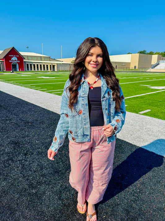 "Hail Mary" Football Embroidered Denim Jacket