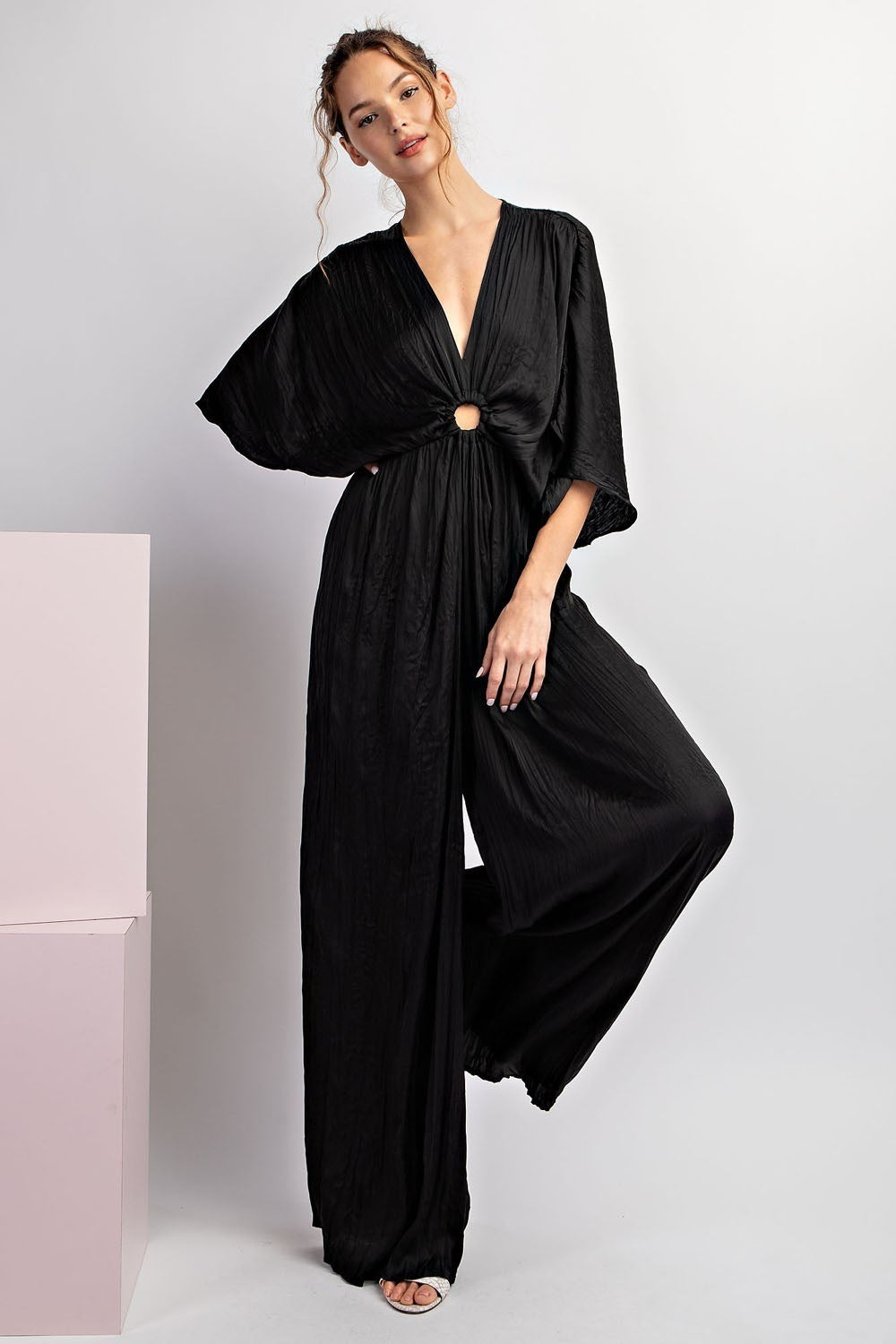 "Saylor" Black Satin Keyhole Jumpsuit