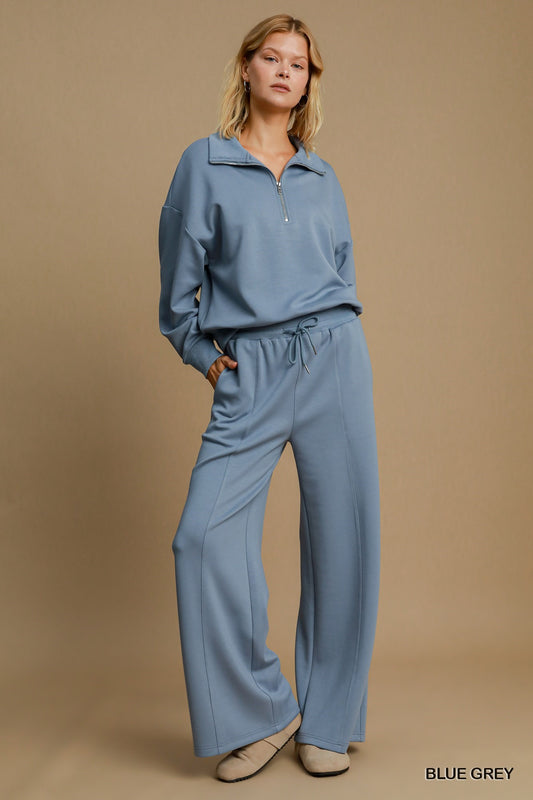 "KINZIE" Blue Luxeknit Half Zip Top and High Waist Pull On Pants Set