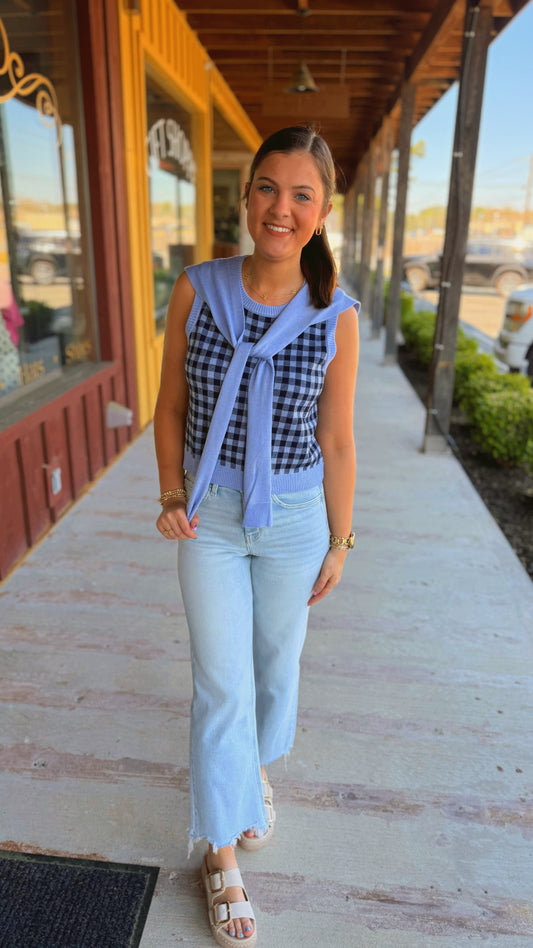 "Chassie" Blue Gingham Sleeveless Attached Sweater Top