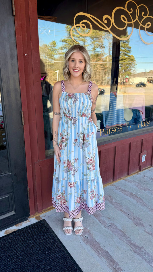 Floral Striped Contrast Strap Maxi Dress