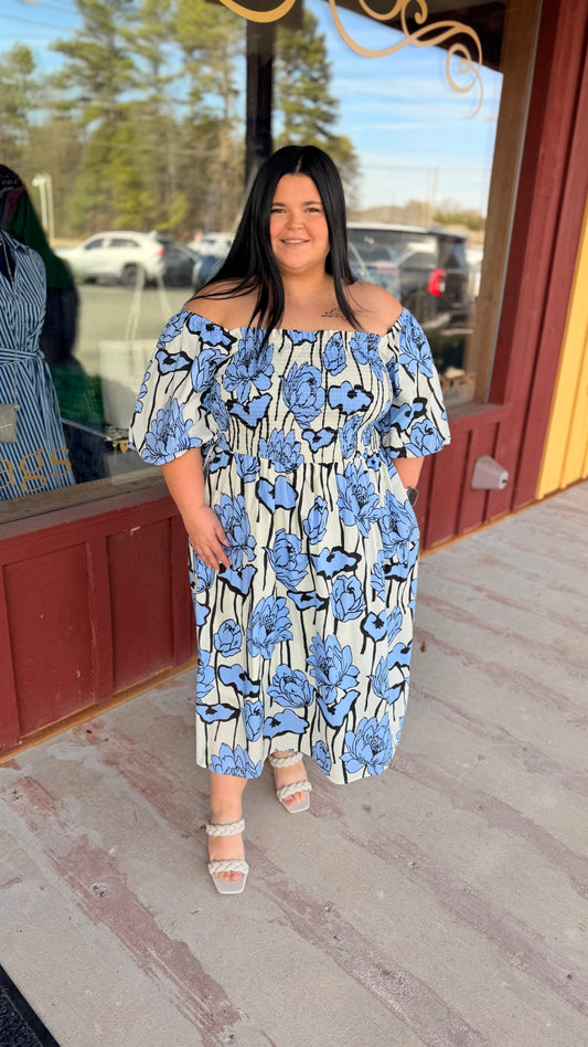 "Jayne" Floral Puff Sleeve Curvy Midi Dress