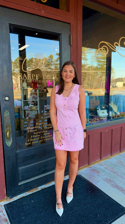 "Crissy" Pink Denim Gold Button Mini Dress