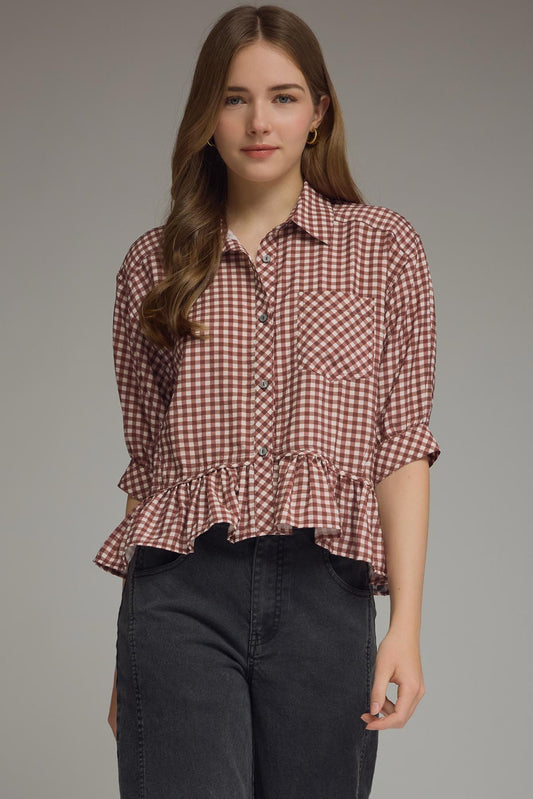 "Kate" Gingham Ruffle Button Up