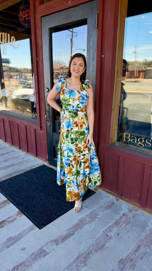 Floral Printed Tie Strap Maxi Dress