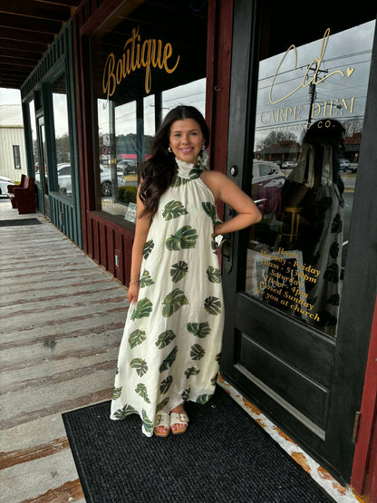 "Laine" Palm Print Maxi Dress