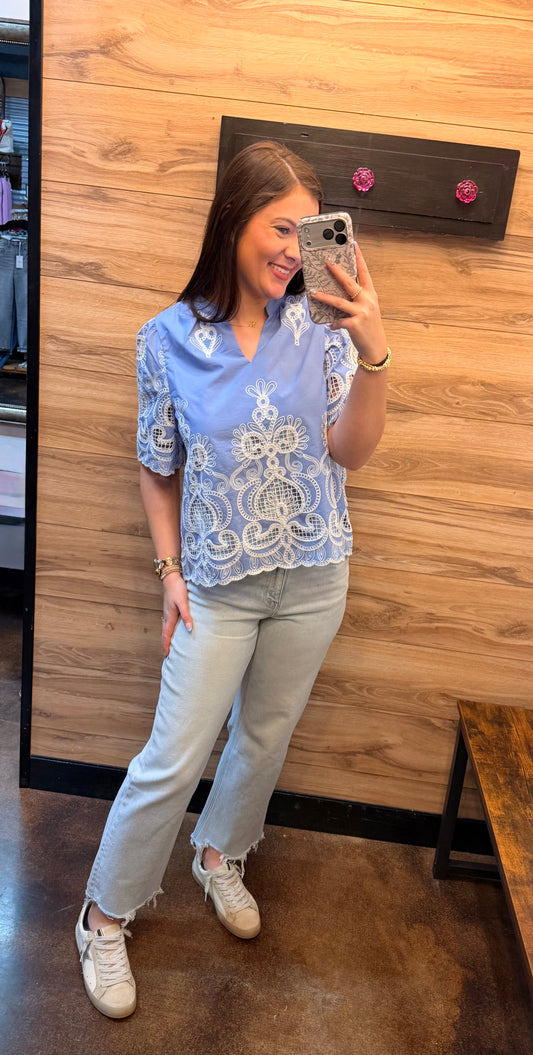 "Ruth" Embroidered Lace Detail Short Sleeve Top (Multiple Colors)