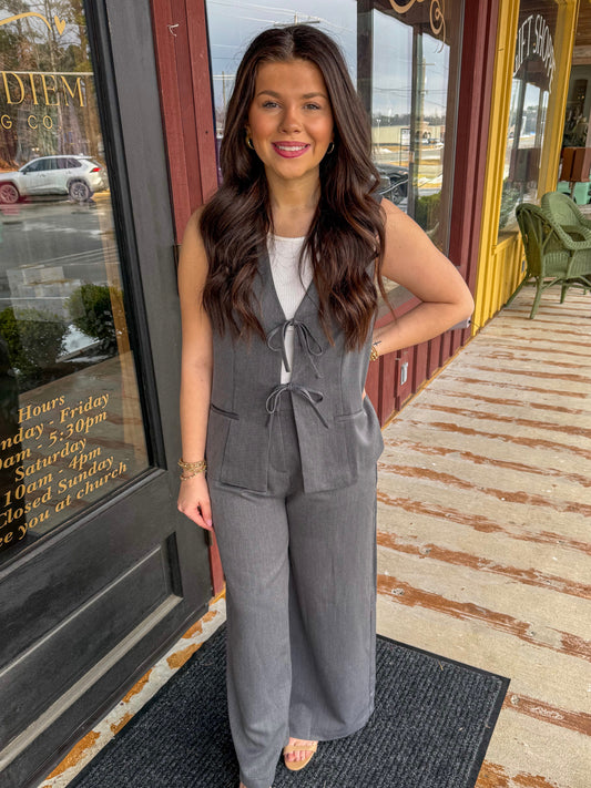 "As Usual" Bow Detail Vest Suit Set