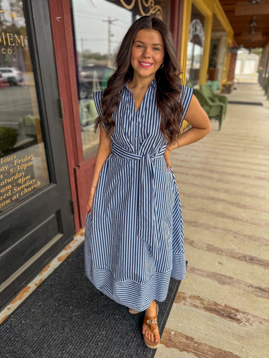 "Langley" Striped Tie Waist Midi Dress