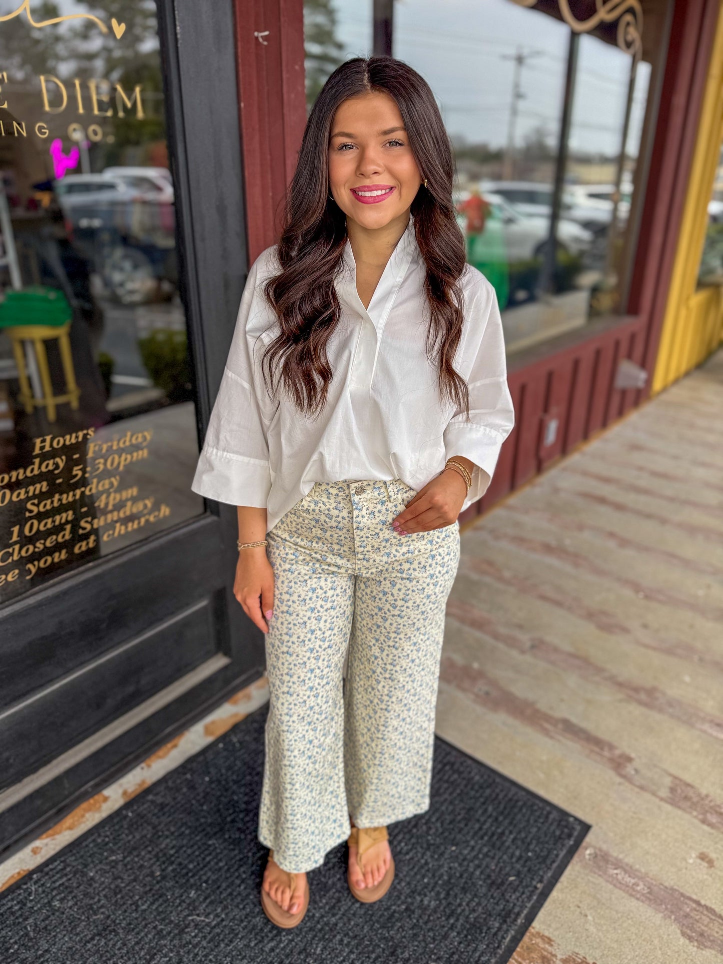 "Harper" Blue and Cream Floral Print Pants