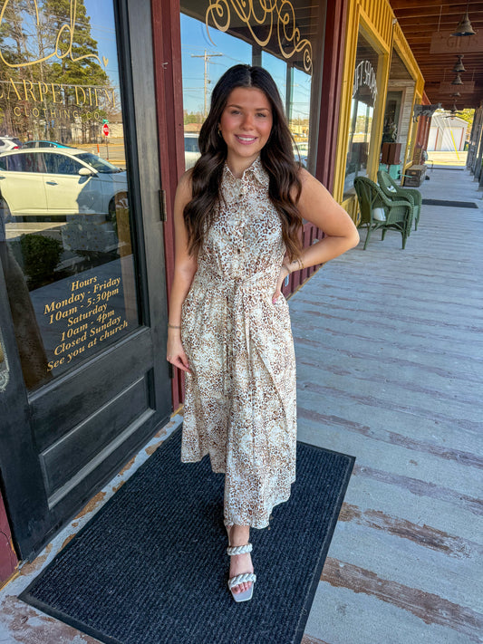 "Shain" Muted Leopard Midi Dress