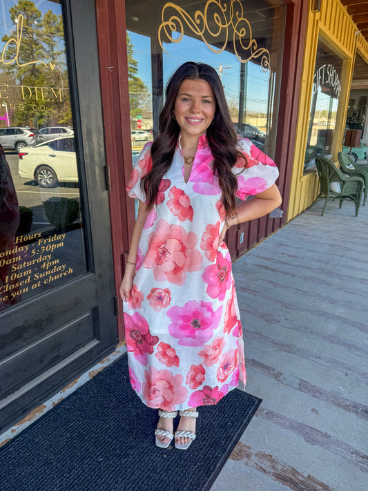 "Dannie" Pink Floral Midi Dress