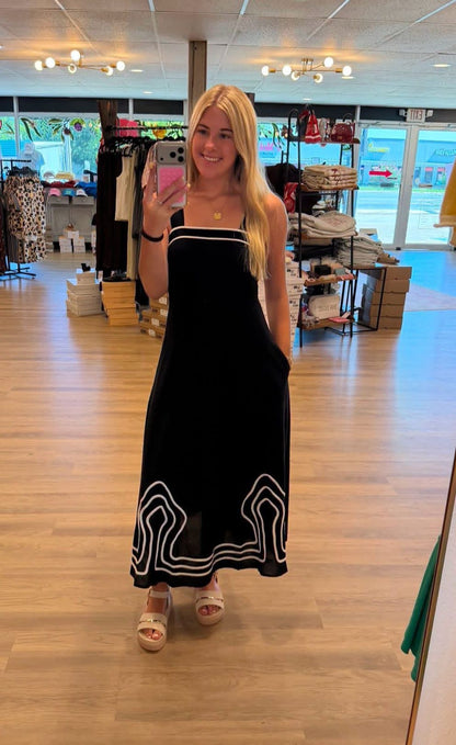 "Fall Daze" Black Embroidered Midi Dress