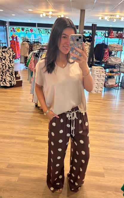 "Ainsley" Chocolate w/ Cream Polka Dot Lightweight Pants