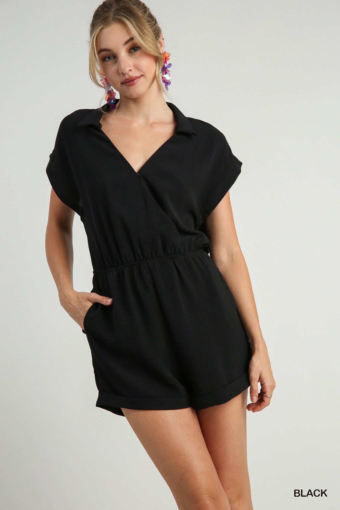 "Ember" V-Neck Overlap Snap Button Romper with Side Pockets