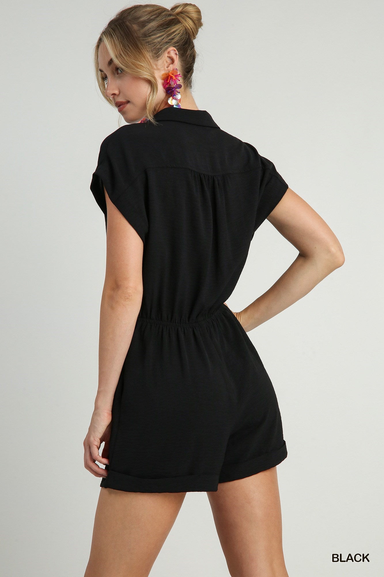 "Ember" V-Neck Overlap Snap Button Romper with Side Pockets