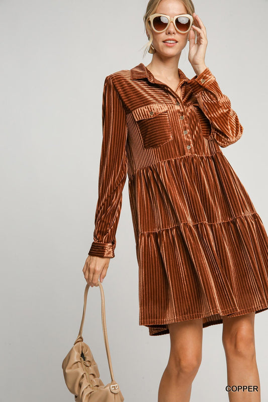 "Janice" Copper Tiered Button Up Velvet Dress