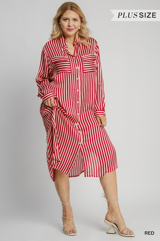 "Curvy" Stripped Collared Button Down Midi Dress