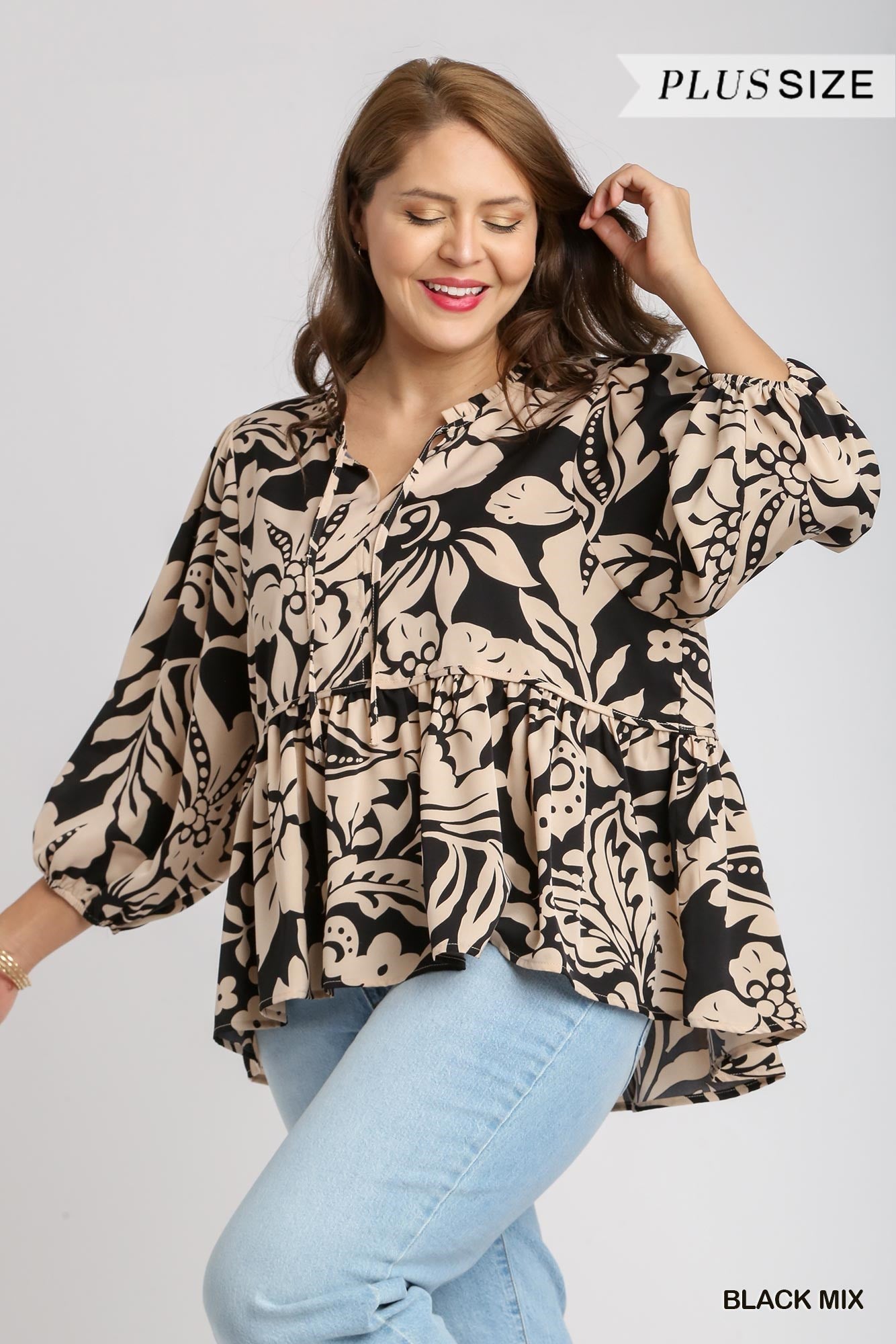 "Raelynn" Floral Print Split Neck Front Tie Top