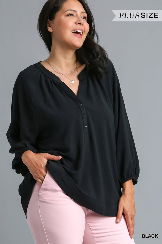 "Selena" Notched Neckline Raglan Sleeve High Low Hem Blouse