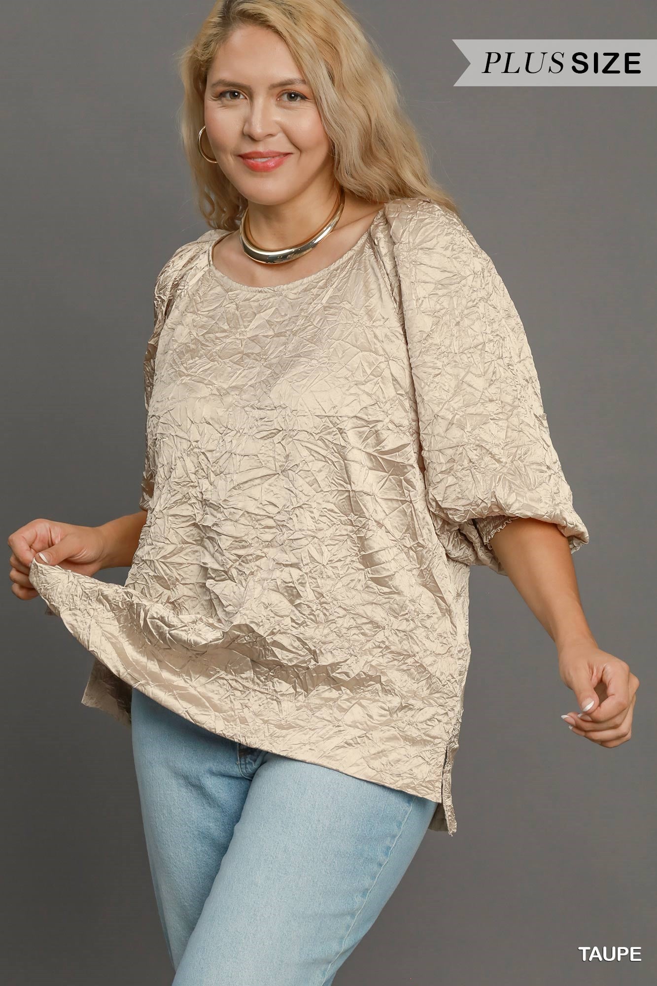 "Hey Honey" Curvy Taupe Wrinkled Round Neck Top