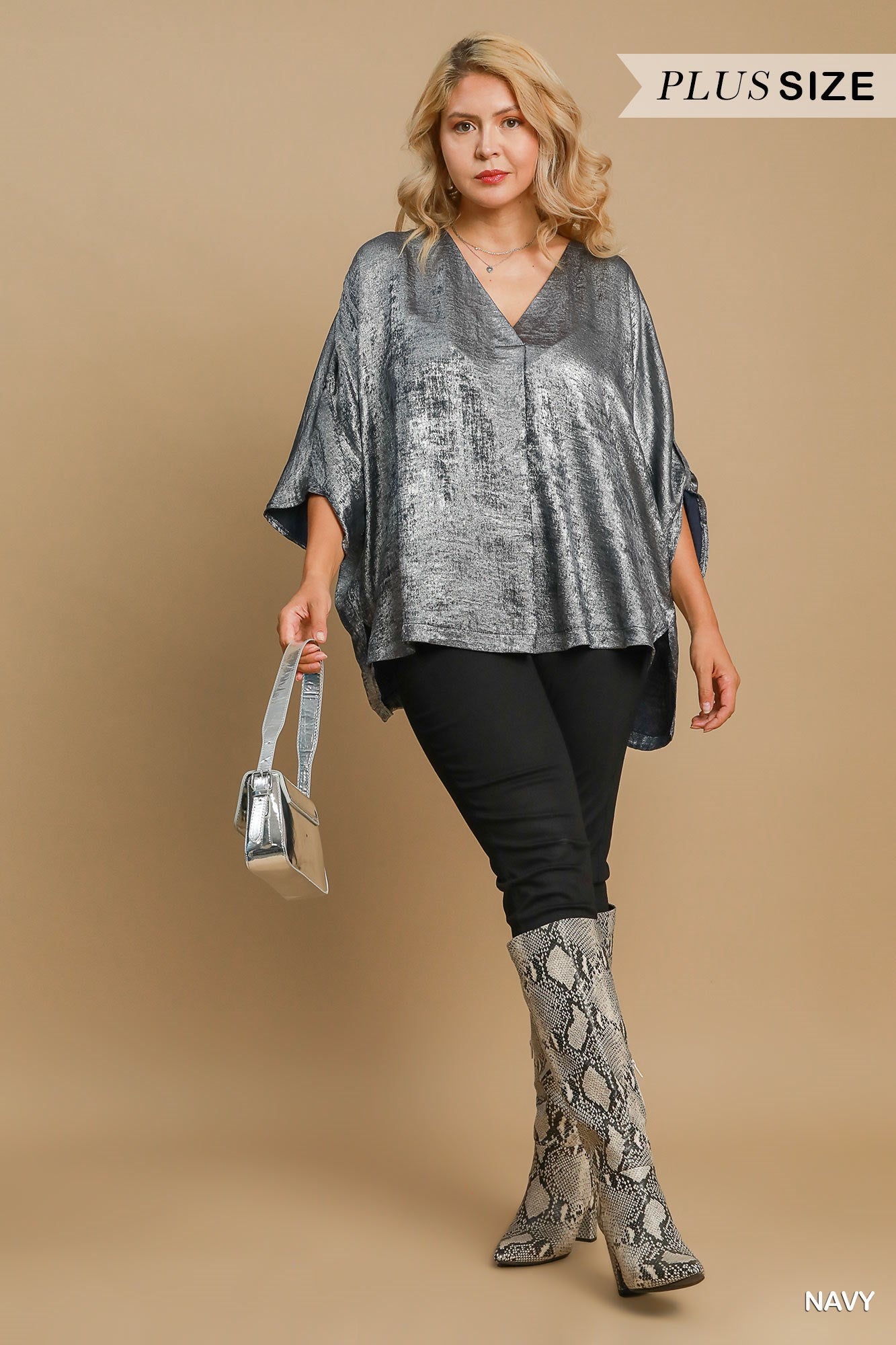 "Mindy" Curvy Navy Metallic Foil Top