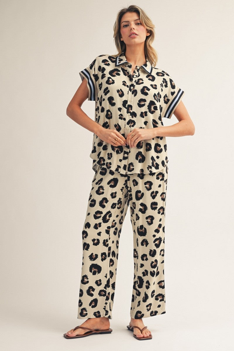 Color Band Accent Button Down Leopard Set