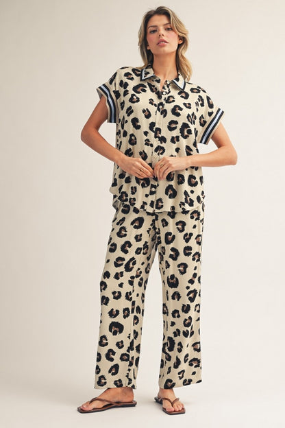 Color Band Accent Button Down Leopard Set