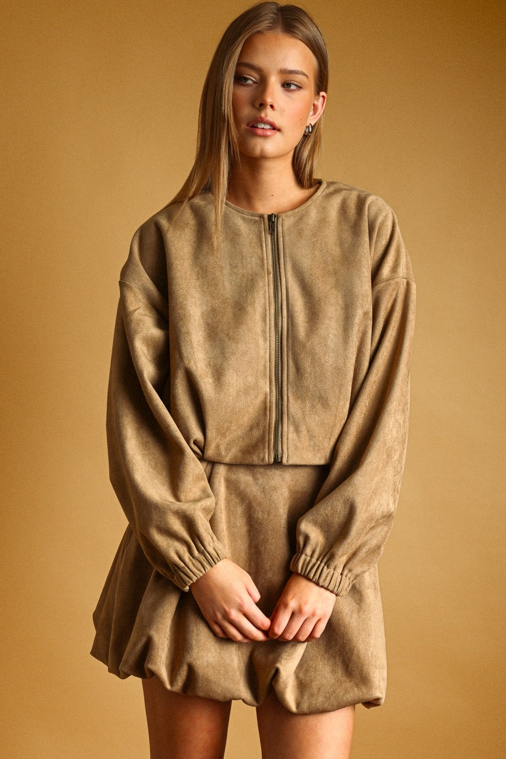 "Ash" Mocha Suede Bubble Skirt and Jacket Set
