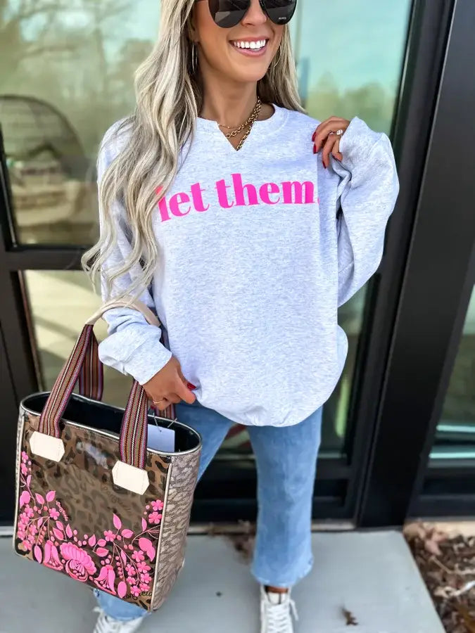 "Let Them" Ash Gray Split Neck Graphic Crewneck