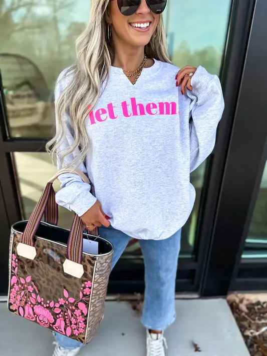 "Let Them" Ash Gray Split Neck Graphic Crewneck