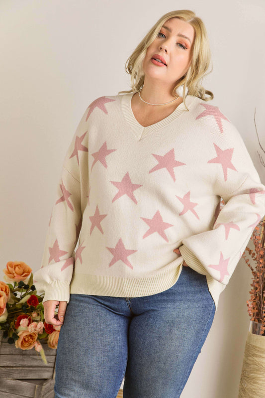 "Seeing Stars" Pink and Cream Soft V-Neck Sweater