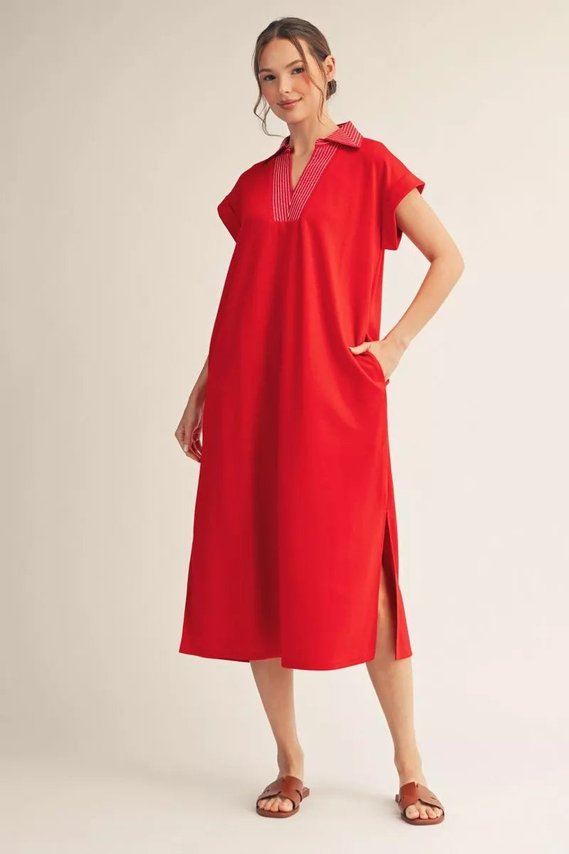 "Ava" Embroidered Neckline Midi Dress (Multiple Colors)