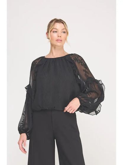 "McKenna" Sheer Embroidered Ruffle Blouse