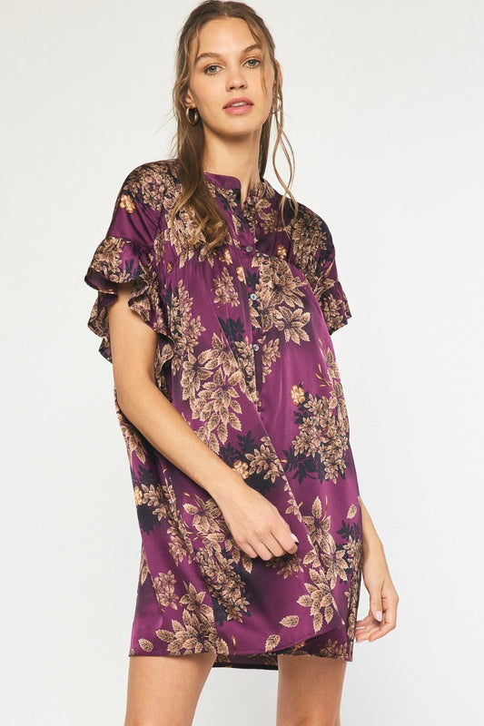 "KATHRYN" Satin floral print button up mini dress featuring ruffled sleeves.