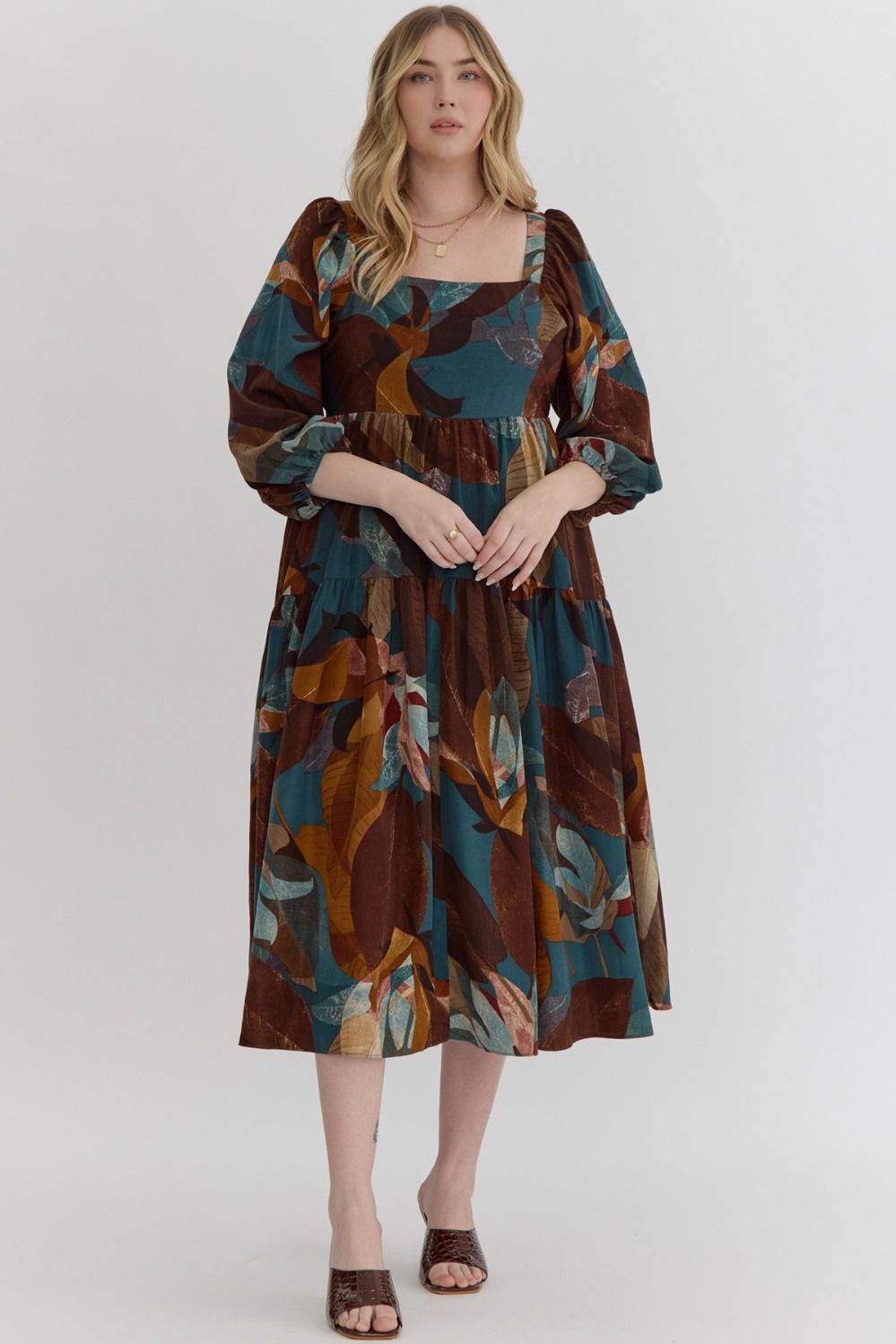 "Leaves are FALLING" Curvy 3/4 Sleeve Midi Dress