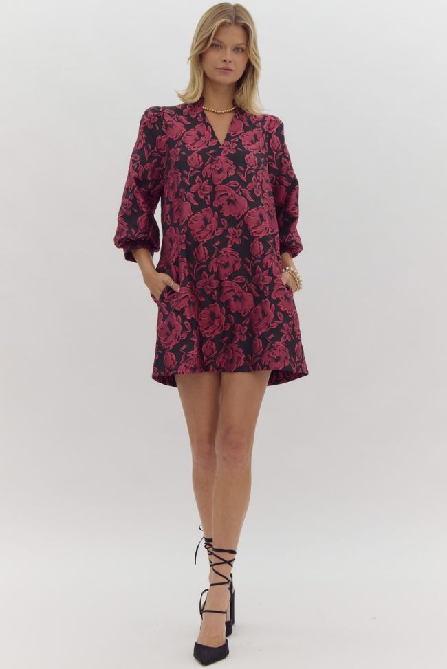 "CAMY" Floral print v-neck 3/4 sleeve mini dress featuirng pocket at sides.