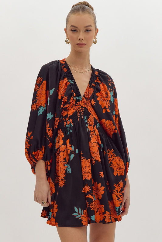 "Madi"Floral print satin v-neck 3/4 sleeve mini dress featuring smocking trim detail