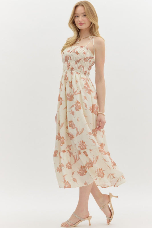 "Poppies" Taupe & Cream Midi Dress