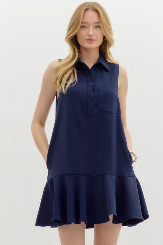 "Sailors" Navy Blue Shirt Pocket Dress