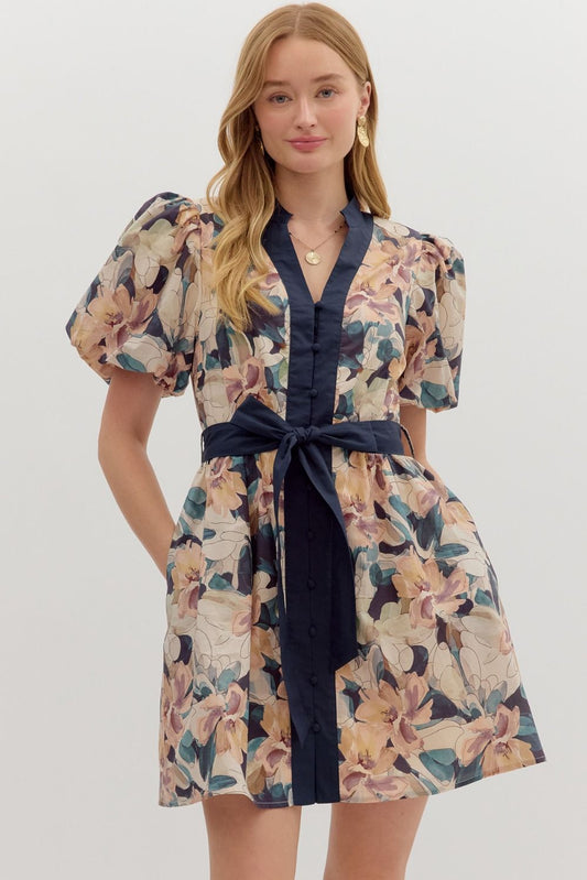"Verna" Floral Button detail tie dress