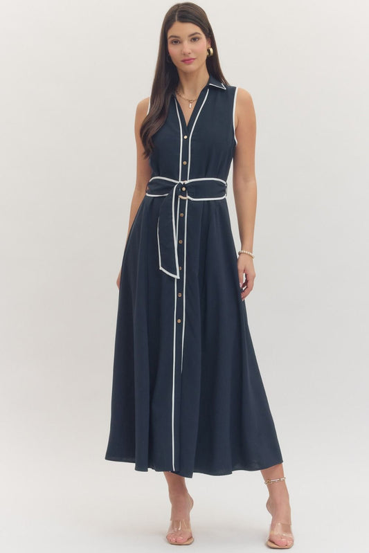 "Angela" Collared Belted Midi Dress