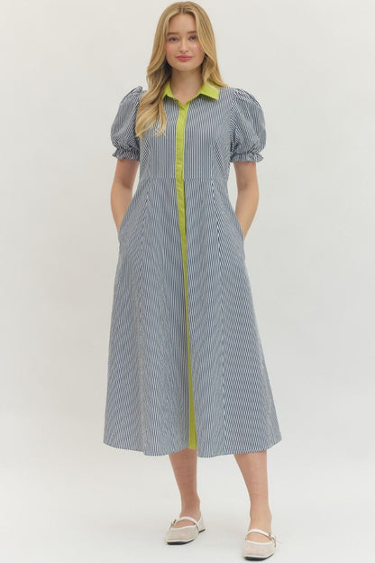 "Brooklynn" Contrast Trim Striped Classic Dress