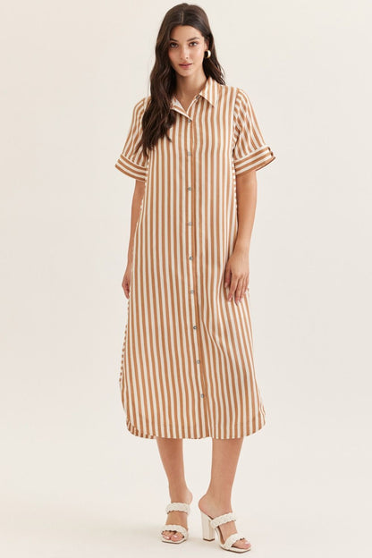"Shades" Tan Striped Button-Down Midi Dress