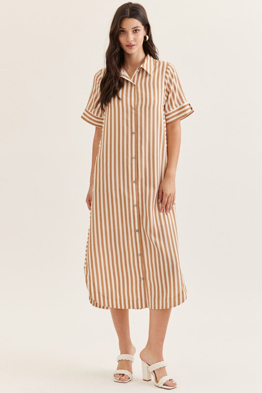 "Shades" Tan Striped Button-Down Midi Dress