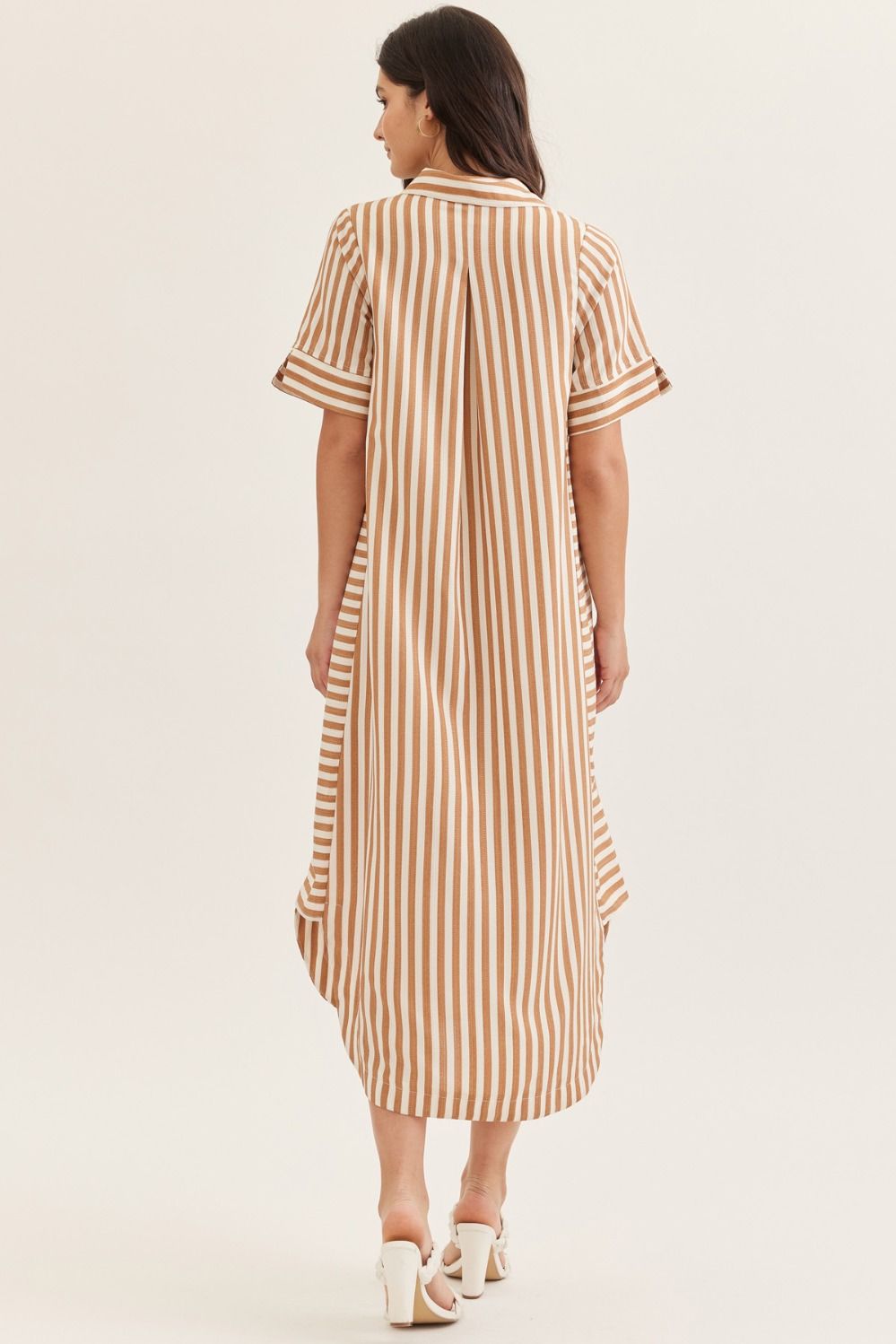"Shades" Tan Striped Button-Down Midi Dress