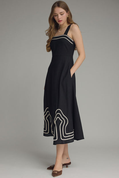 "Fall Daze" Black Embroidered Midi Dress