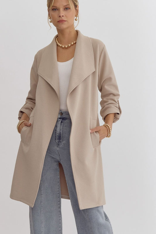 "Abigail" Solid Textured Coat Featuring Pockets At Sides Button Closure Detail At Sleeves