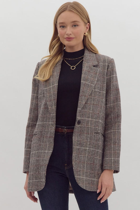 "Shannon" Tartan Pattern Single Button Blazer